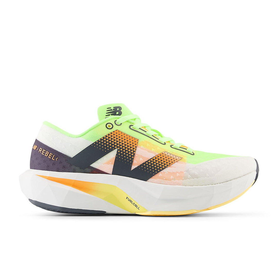 New Balance FuelCell Rebel v4 (Womens) - White/Bleached Lime Glo/Hot Mango